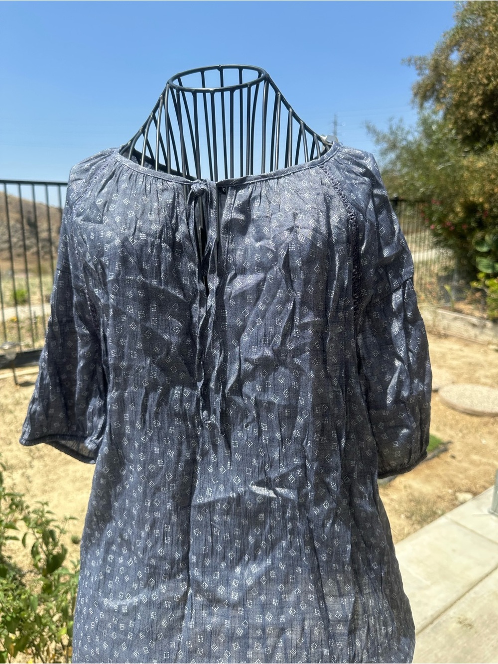 Como Black Boho Peasant Tie-Neck Top in Slate Blue